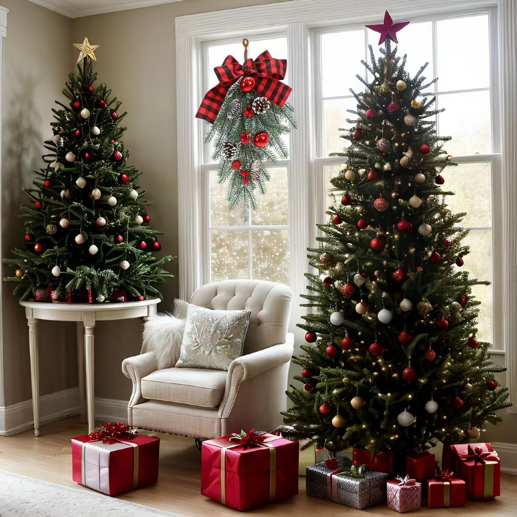Regine Switzerland Christmas Swag - Decorative Outdoor Garland with Pine Cones & Red Bow | Teardrop Design