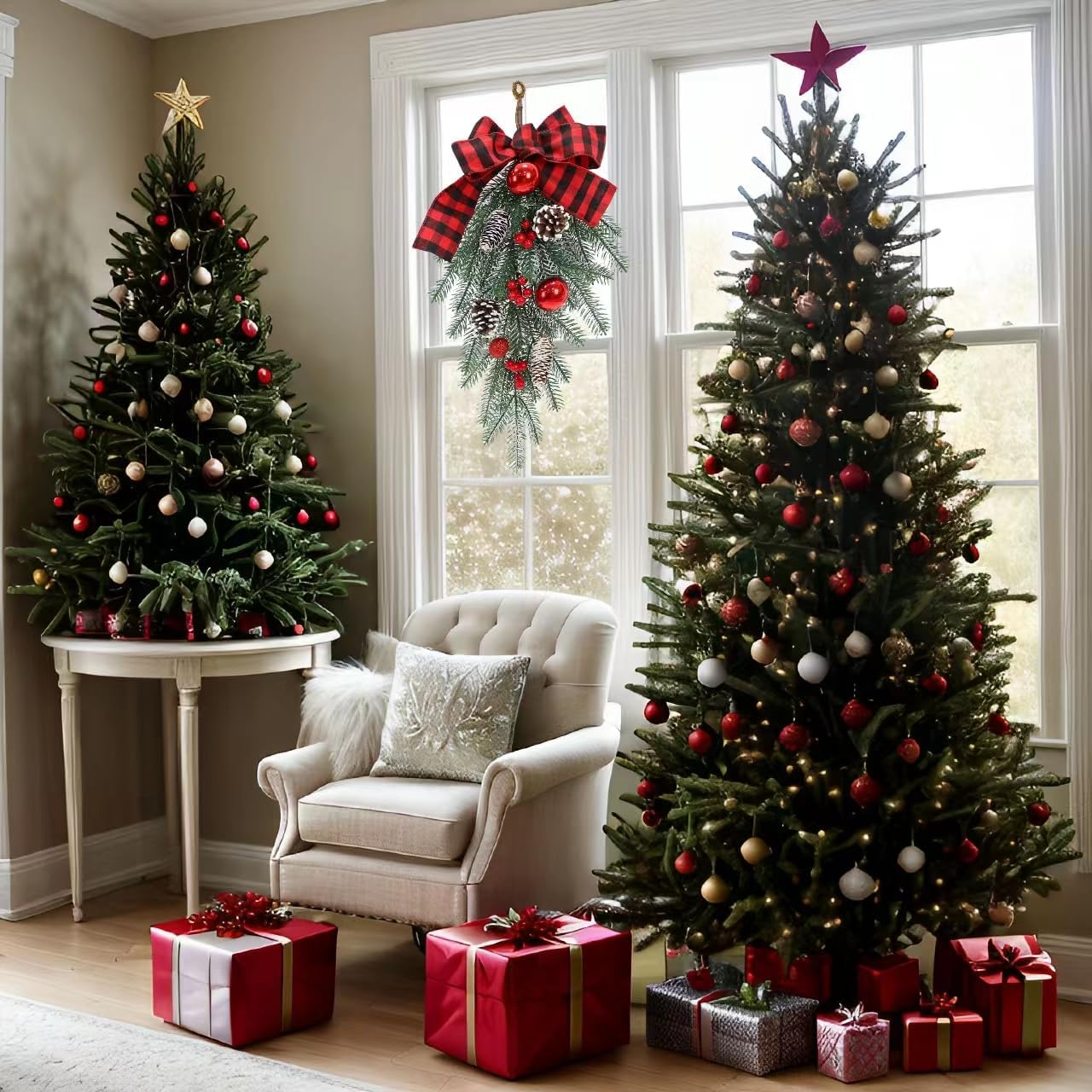 Regine Switzerland Christmas Swag - Decorative Outdoor Garland with Pine Cones & Red Bow | Teardrop Design