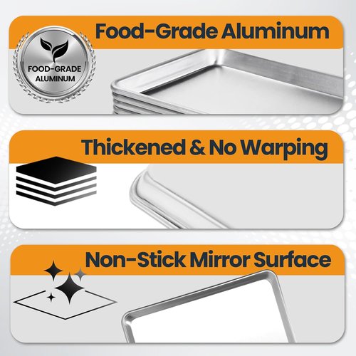 Half Size Baking Sheet Pan - Durable Aluminum Cookie Sheet | 6 Pack, Anti-Stick 18”x 13”