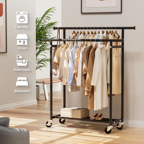 HYSEYY Clothes Rack, Double Rods Rolling Clothing Rack for Hanging Clothes, Portable Garment Rack with Wheels, Coat Rack Wardrobe Closet Load 240 LBS for Bedroom Laundry Room, Black