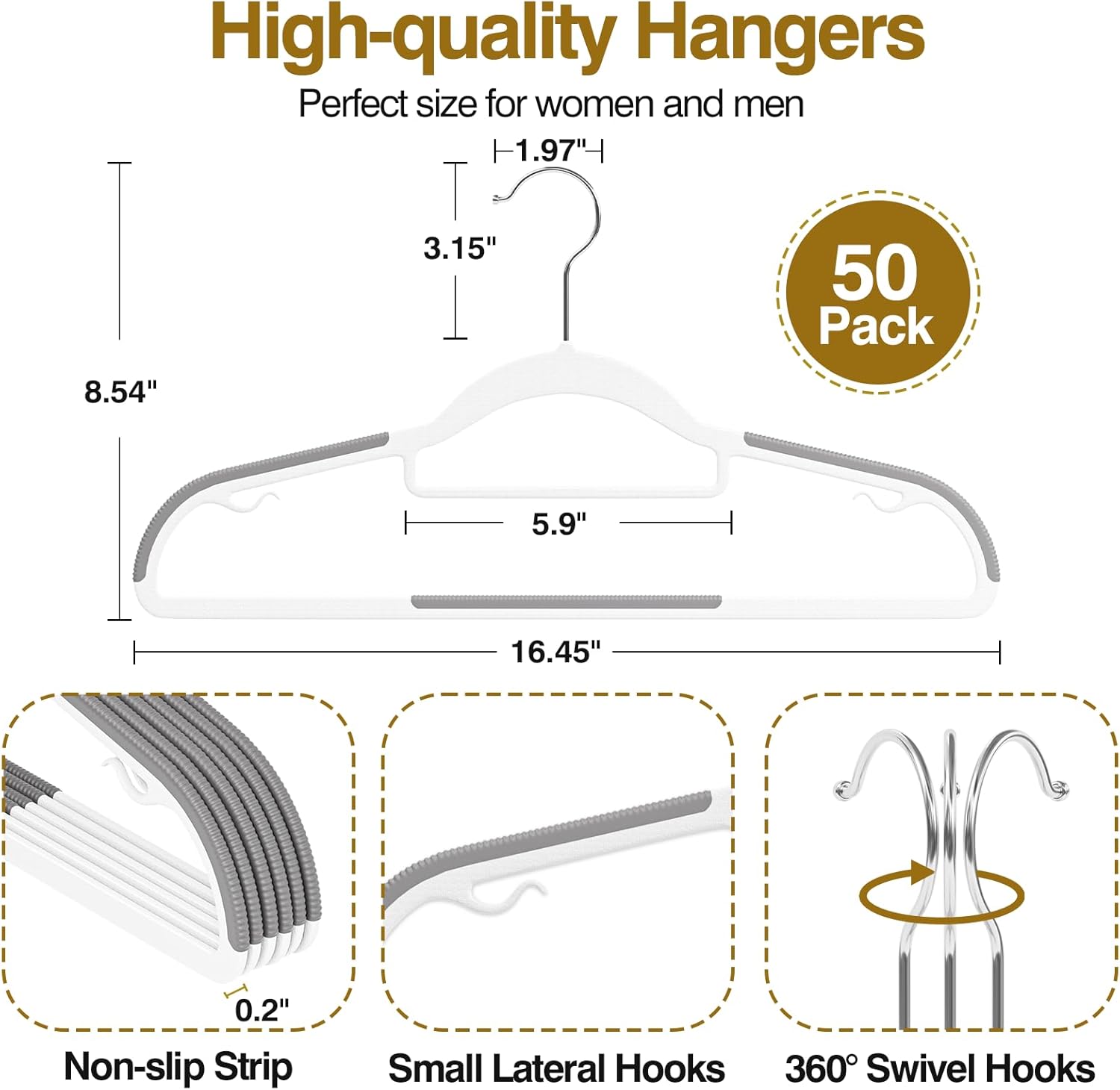 Plastic Hangers 50 Pack - Heavy Duty 16.5 in Clothes Hangers with 360° Swivel Hook & Non-Slip Bar