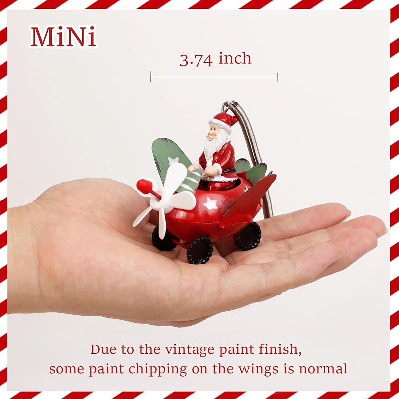 Santa in Airplane Christmas Ornament - Red Resin with Spring Hanger