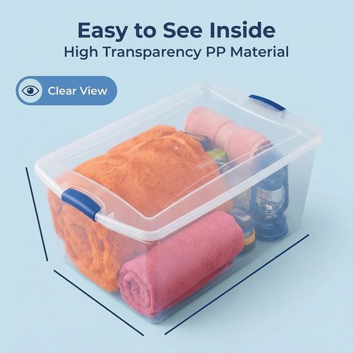 Heavy Duty Storage Bins - 2 Pack 105 Quart Clear Plastic with Lids & Blue Latches | Ideal for Home & Garage
