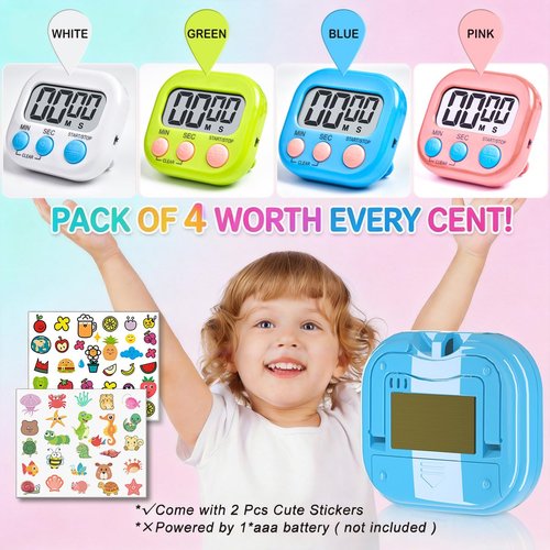Antonki 4 Pack Digital Timer for Kids, Kitchen Timer for Cooking, Classroom, Study, Exercise with Countdown/Up Mode - Loud Alarm, Large Display - AAA Battery Operated (Not Included)