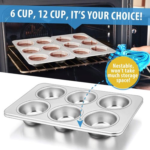 E-far Muffin Pan Set of 2 - Stainless Steel 6-Cup Baking Tray | Non-Toxic & Dishwasher Safe, Regular Size 11.44 x 7.12 x 1.25 Inch