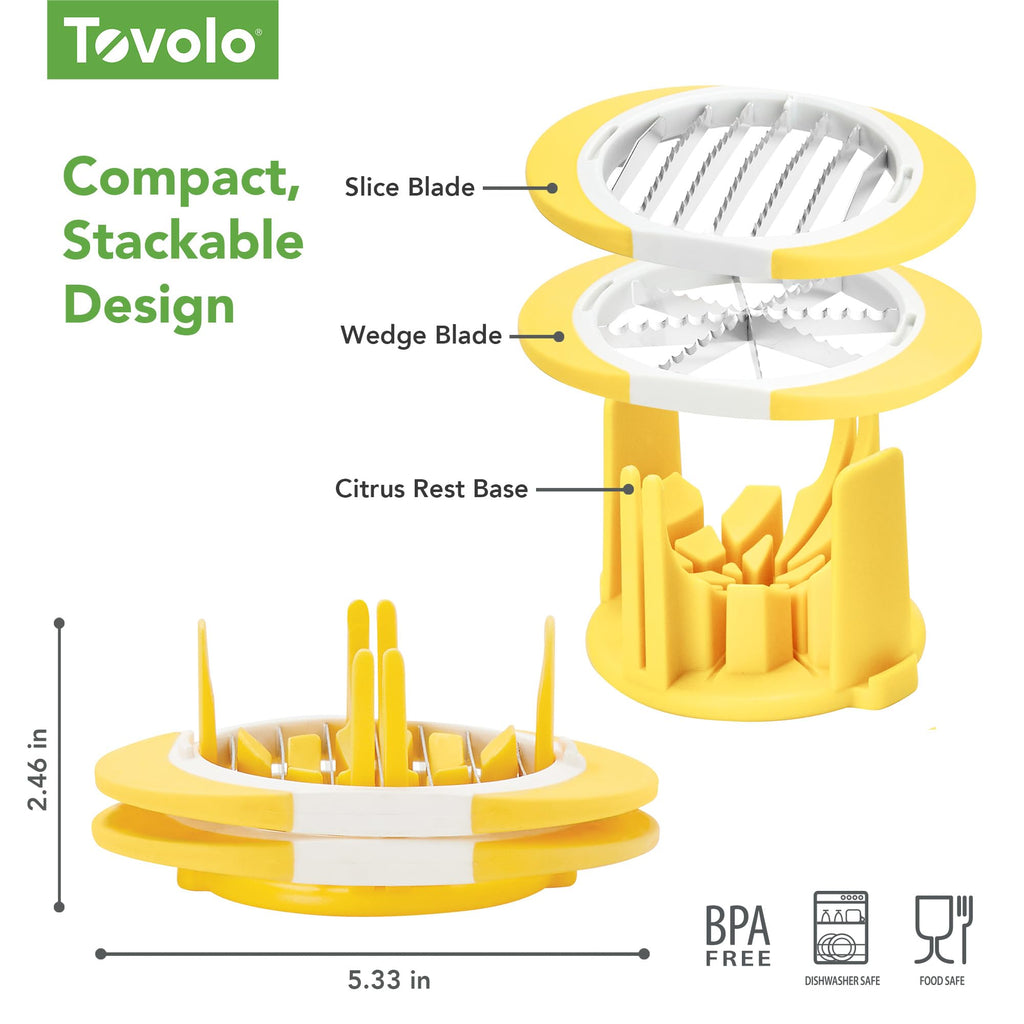 Tovolo Citrus Slicer and Wedger Tool for Lemons Limes Oranges,Dual Blade Premium Cutter Creates 8 Wedges 6 Slices, Anti-Slip Base, Stainless Steel, BPA-Free Dishwasher Safe