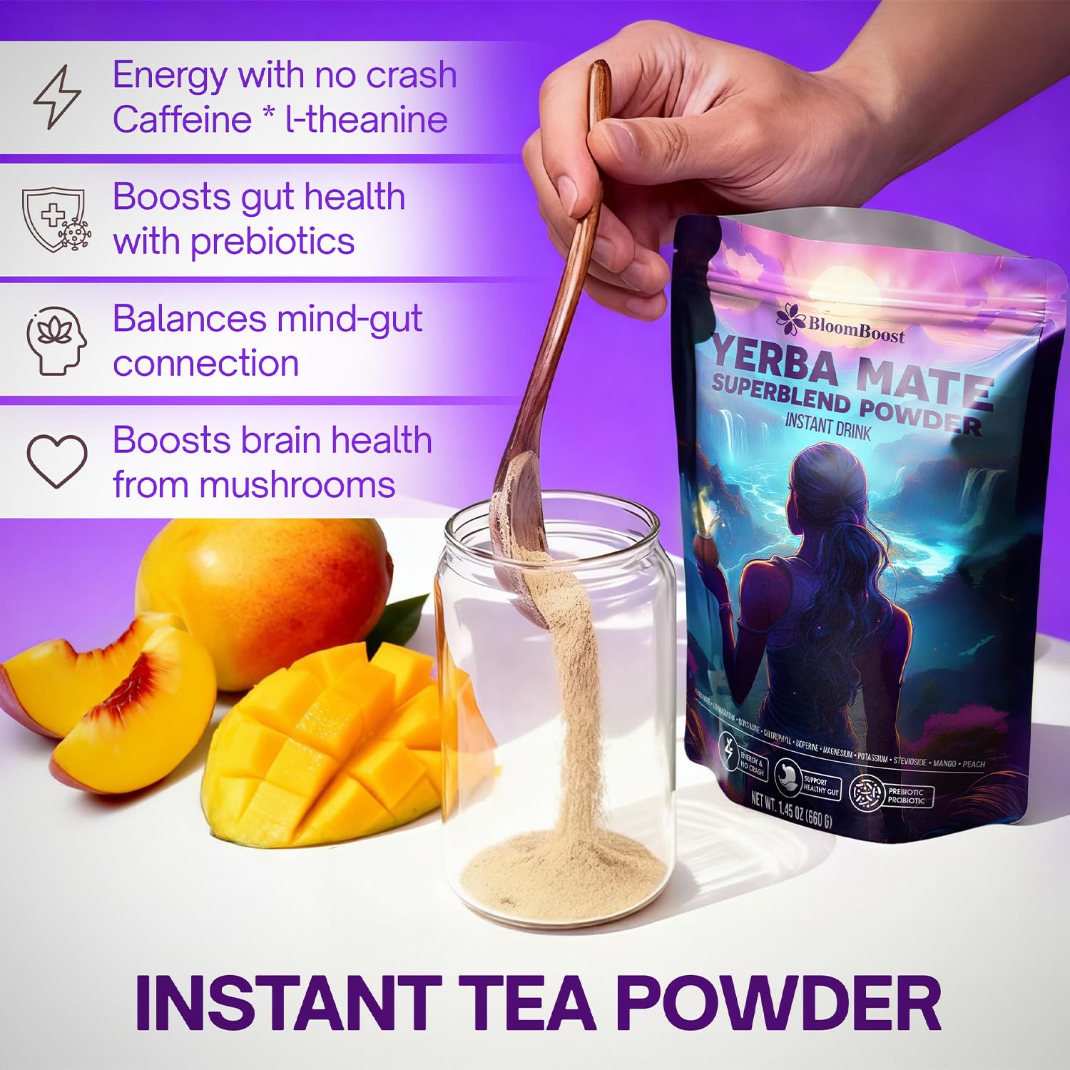 Yerba Mate Instant Tea Powder for Clean Energy & Mental Focus with Lion’s Mane & Ashwagandha, Sugar-Free Superfood Blend – Peach Mango Flavor, 60 Servings