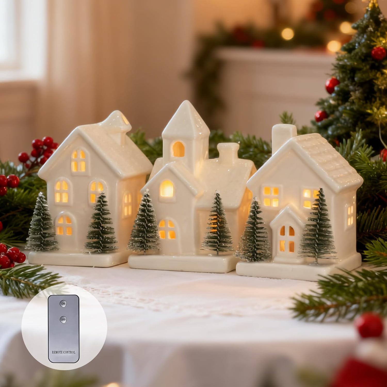 Regine Switzerland Indoor Christmas Village Set - 3 Lighted Ceramic Houses with Trees | Rustic White Holiday Decor