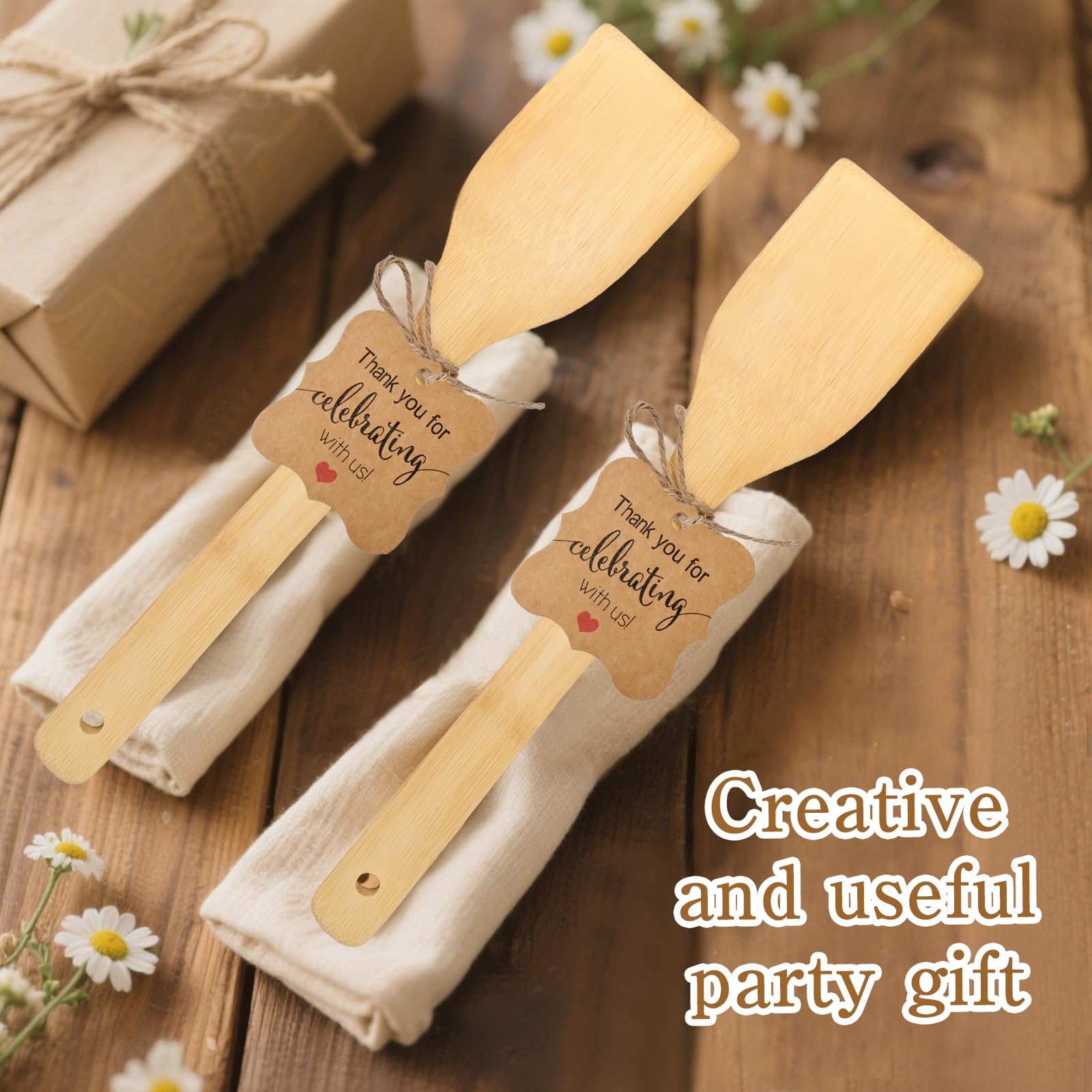 LECEHIVO 60 Sets Bamboo Spatula with Thank You Cards and Hemp Rope 12 Inch Flat Handle Cooking Wok Spatula for Kitchen Utensils Housewarming Party Birthday Wedding