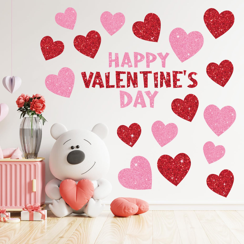 Whaline 9 Sheets Valentine' s Day Wall Stickers Glitter Red Pink Heart Room Mural Stickers Peel and Stick Wall Decals for Home School Office Wedding Anniversary Party Supplies