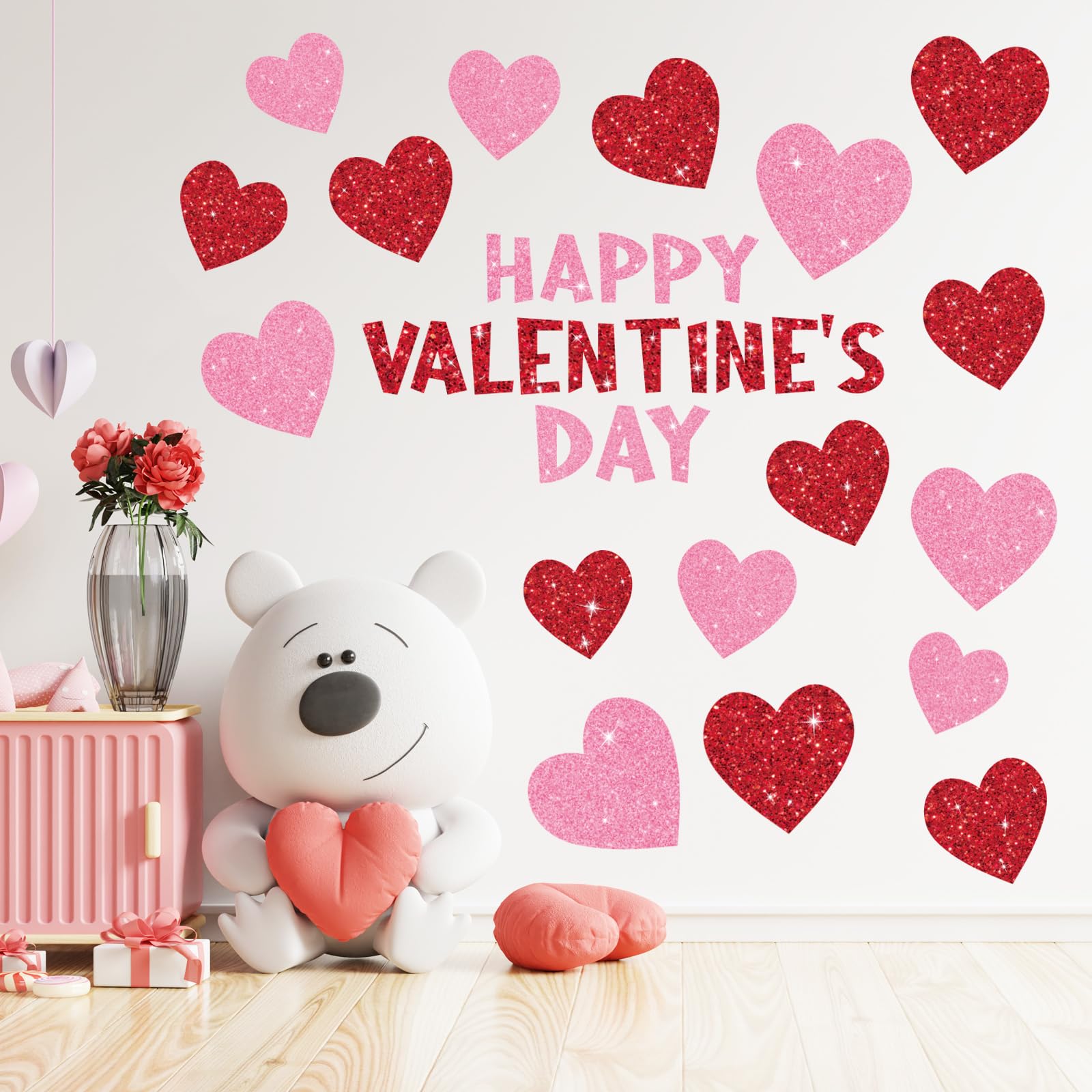 Whaline 9 Sheets Valentine' s Day Wall Stickers Glitter Red Pink Heart Room Mural Stickers Peel and Stick Wall Decals for Home School Office Wedding Anniversary Party Supplies