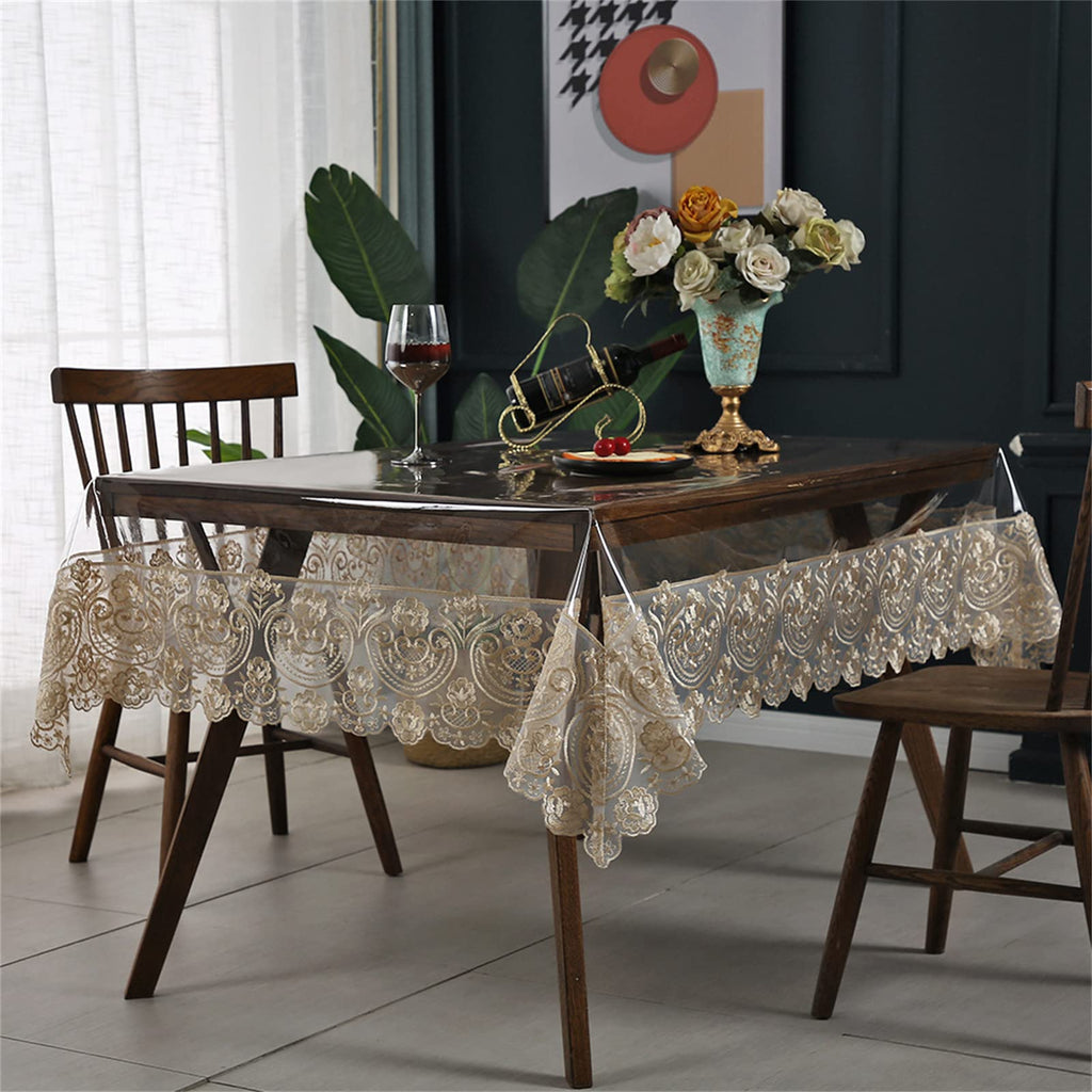 Clear Plastic Waterproof Tablecloth, Vinyl PVC Rectangle Table Cloth with Lace Macrame, Oil Spill Proof, Table Cover for Dining Tables, Parties and Holidays (Champagne, 60 x 106 Inch)