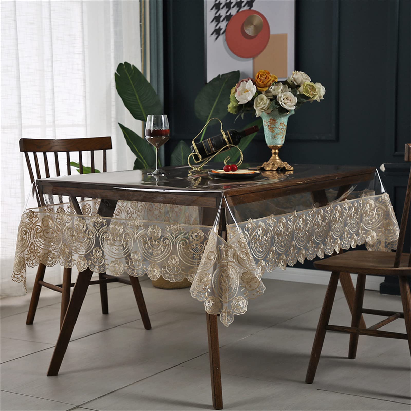Clear Plastic Waterproof Tablecloth, Vinyl PVC Rectangle Table Cloth with Lace Macrame, Oil Spill Proof, Table Cover for Dining Tables, Parties and Holidays (Champagne, 60 x 106 Inch)