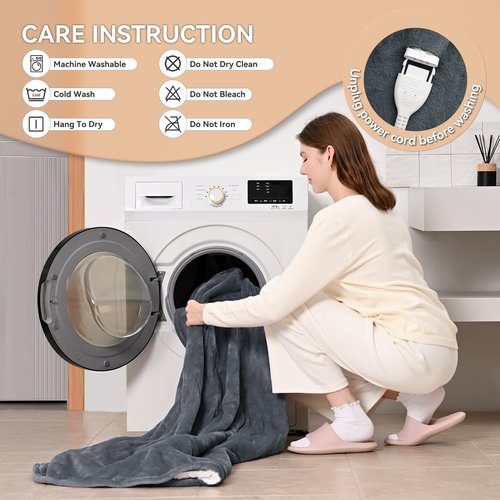 Heated Electric Blanket Queen Size 84"x90" Heating Blanket with Dual Control 9 Heating Levels 10 Timer Modes Auto Off, Fast Heating Over-Heat Protection Ultra Soft Flannel ETL Certified, Dark Gery