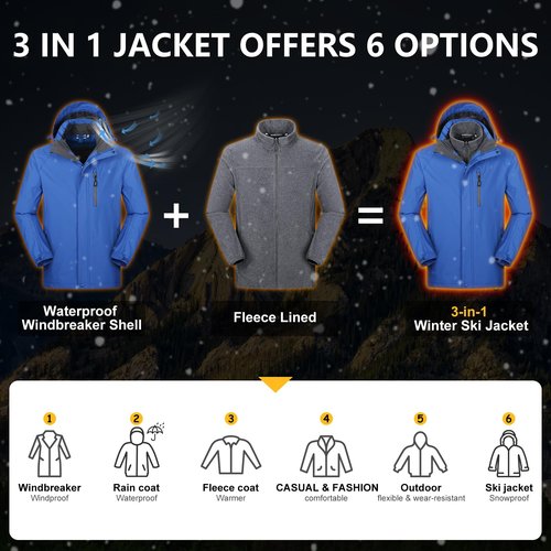 33,000ft Men's 3 in 1 Ski Jakcets with Fleece Jackets Winter Windbreaker Snow Coat Parka for Hiking Sonwboard