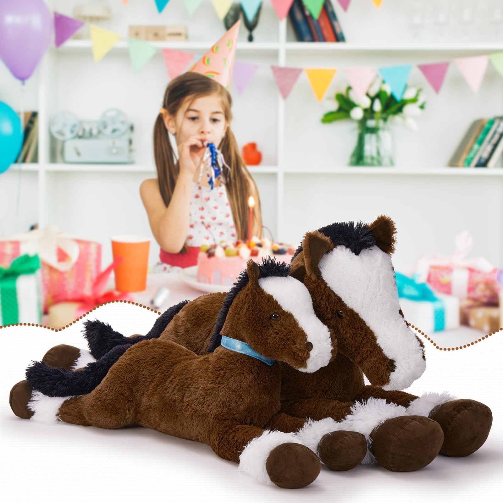 MaoGoLan Large Horse Stuffed Animal for Boy, Big Horse Plush Toy for Girl, Ridable Stuffy Pony for Kids, Coffee Stuffed Pony Plush Pillow for Easter Baby Shower Birthday Party Favor Gifts, 47 inches