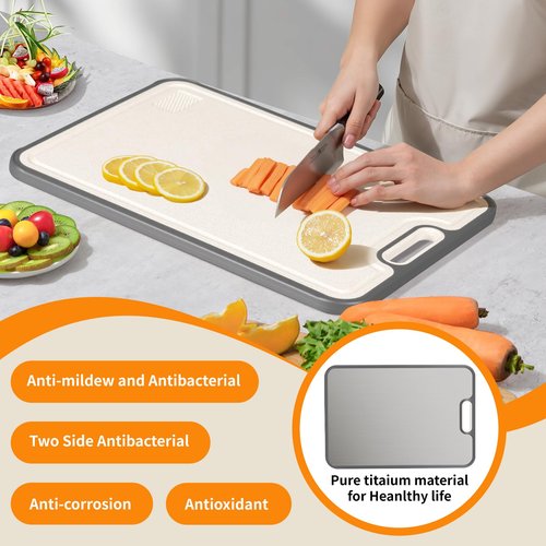 Infumm Titanium cutting boards for Kitchen,2-in-1 Double Sided Food Grade,Pure Titanium and Wheat Straw PP, Double Chopping Boards for Meat and Fruits Easy to Clean Size 15’’x10’’