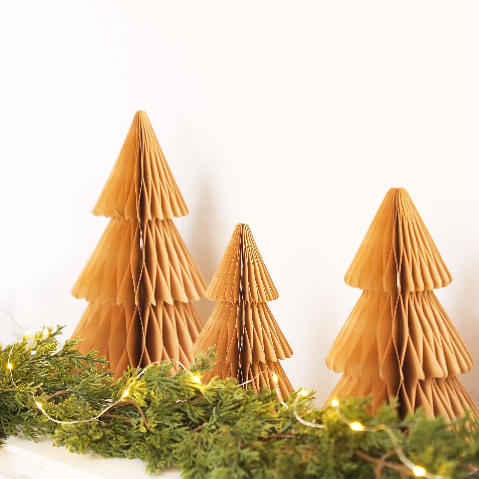 ReliThick 6 Pcs Paper Christmas Tree Decor 3D Honeycomb Trees Table Centerpiece for Modern Christmas Mantel Decorations Home Xmas Holiday Party Decorations (White, Brown)