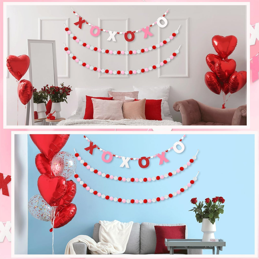 QOUBAI 3pcs Valentine's Day Garland Felt Ball Garland 10ft Pompom Garland Valentine Decorations XOXO Felt Ball Banner for Mantle Fireplace Room Valentine's Day Anniversary Engagement Party Supplies