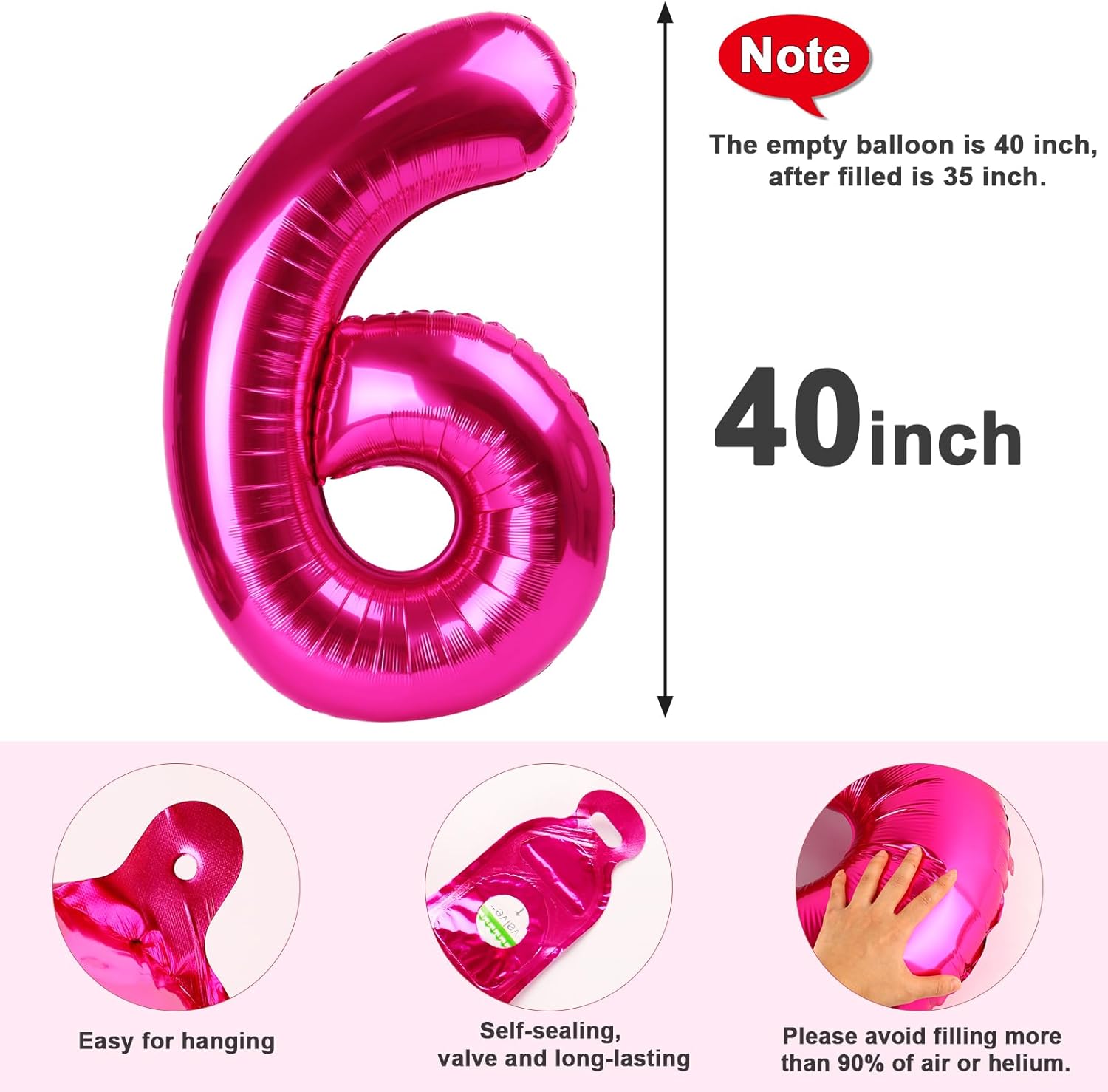 Number 6 Balloon - 40 Inch Hot Pink Birthday Decoration for Boys & Girls | Perfect for 6th Birthday Celebrations
