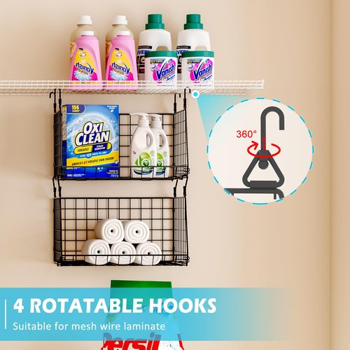 3-Pack Hanging Laundry Room Organizaton：Foldable Laundry Basket Wire Basket with 360°Rotating Hooks Small Space Organization Over Washer and Dryer Shelves - Hanging Closet Organizer, Black Patent