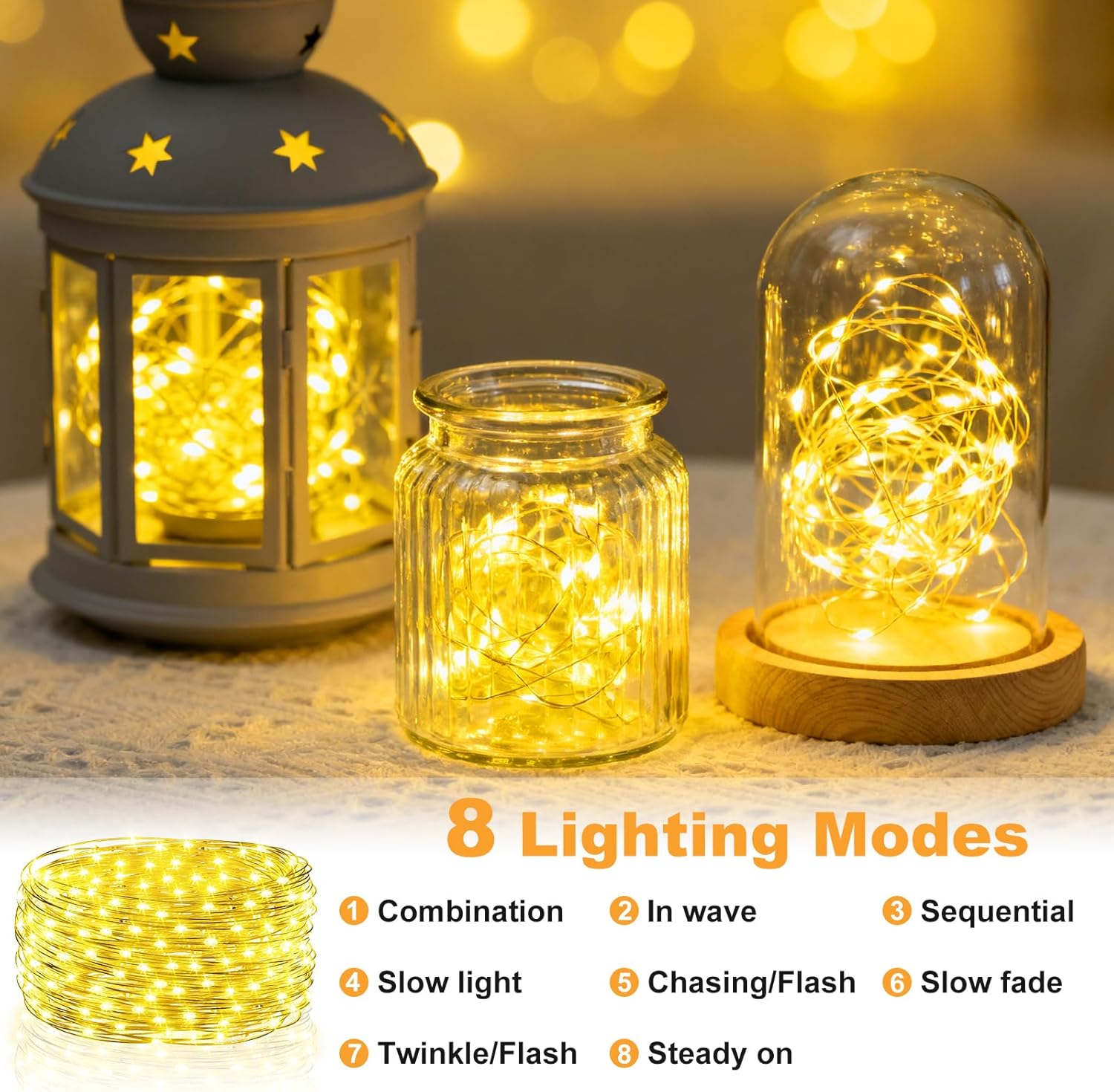 Skiennix Fairy Lights - 32FT Rechargeable Battery Operated Mini LED String Lights | Waterproof Warm White for Bedroom & Party Decor