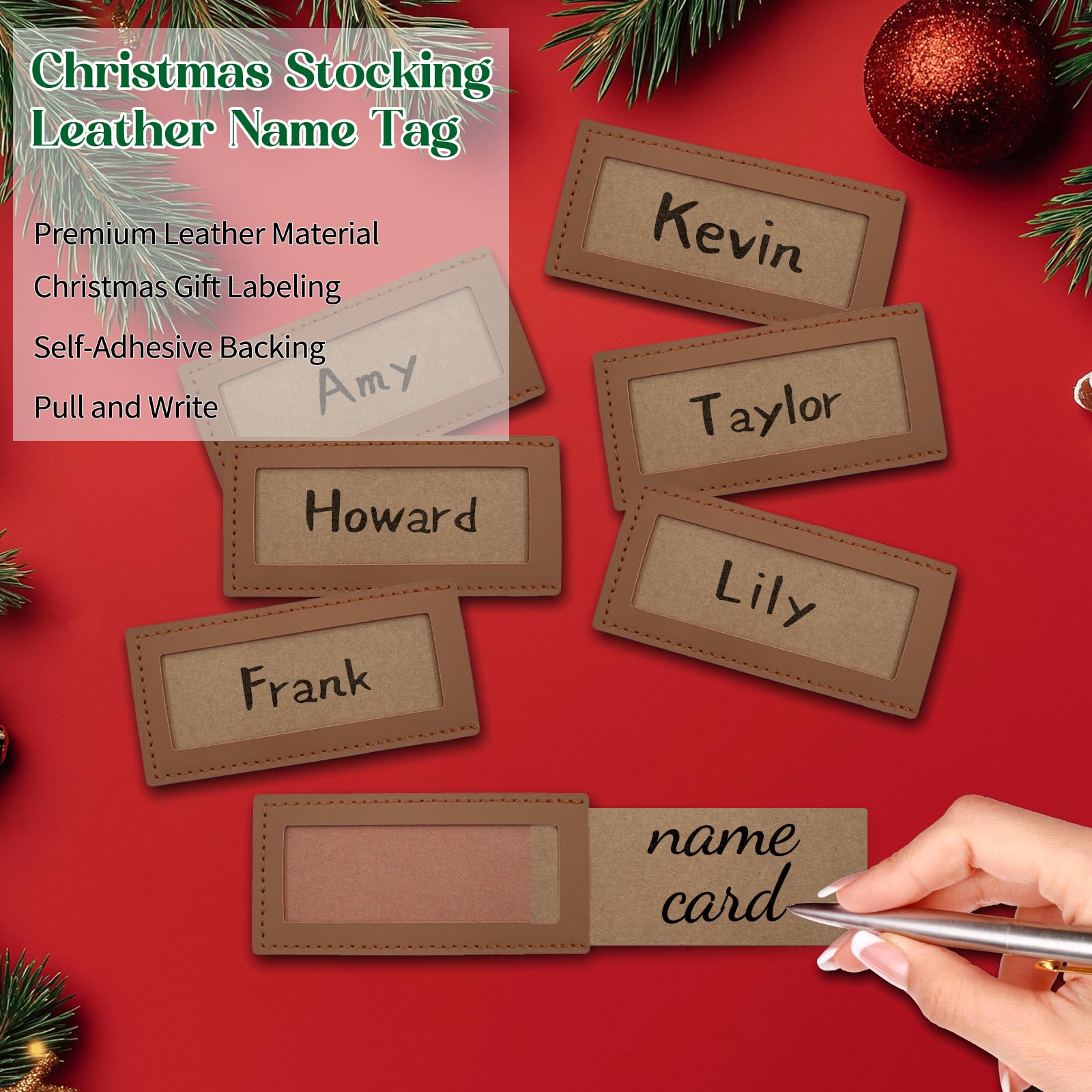 Oeyliz Personalized Christmas Stocking Leather Name Tags Custom Christmas Stocking Leather Tags Personalized Knitted Xmas Stocking 6PCS Light Brown Leathers Name Label for Family Christmas Decor