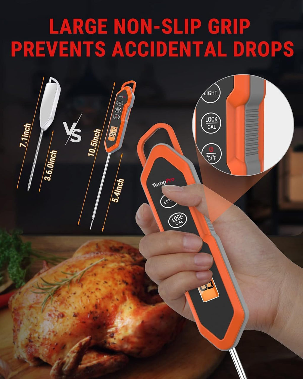 TempPro TP15H Waterproof Instant Read Meat Thermometer - Digital Cooking Thermometer with Backlight & Calibration | Perfect for BBQ, 10.47 x 1.16 x 0.69