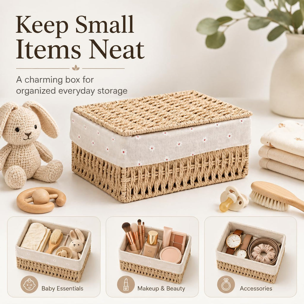 Storage Baskets with Lids, Set of 3 Wicker Baskets with Lids, Khaki Paper Rope Woven Storage Boxes with Removable Liners, Stackable Shelf Bins for Bathroom, Closet, Nursery