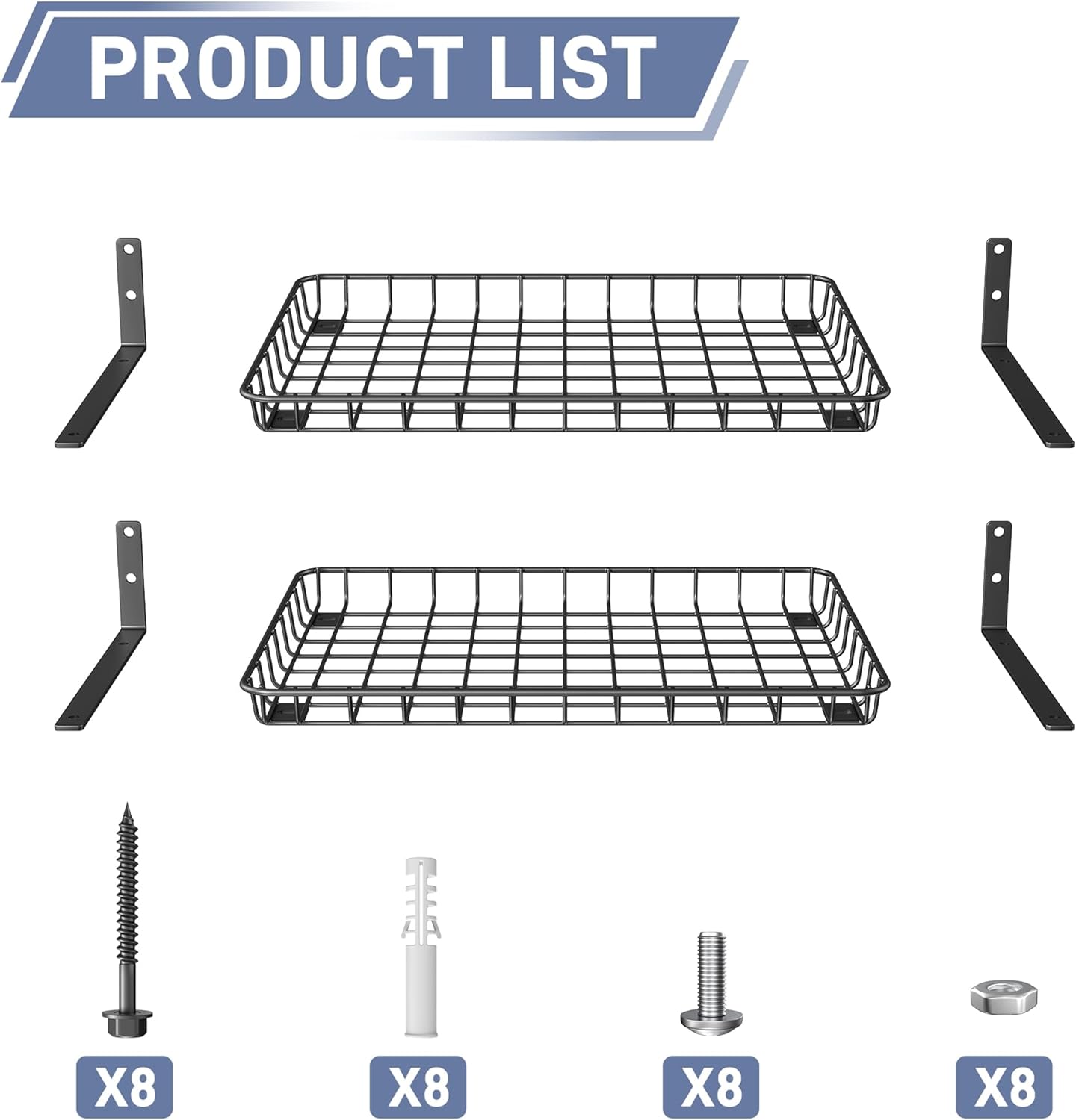 WALMANN Wall-Mounted Garage Shelves - Heavy Duty Storage Solution | 12x18 Inch, Holds 60 lbs (Pack of 2, Black)
