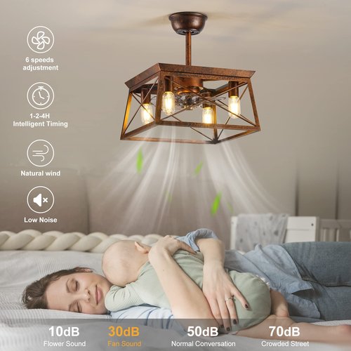 Farmhouse Ceiling Fans with Lights Remote Control Rustic Ceiling fans with Lights Caged Fandelier Flush Mount Ceiling Fan with Light Indoor Outdoor for Gazabo Bedroom Dining Room Living Room