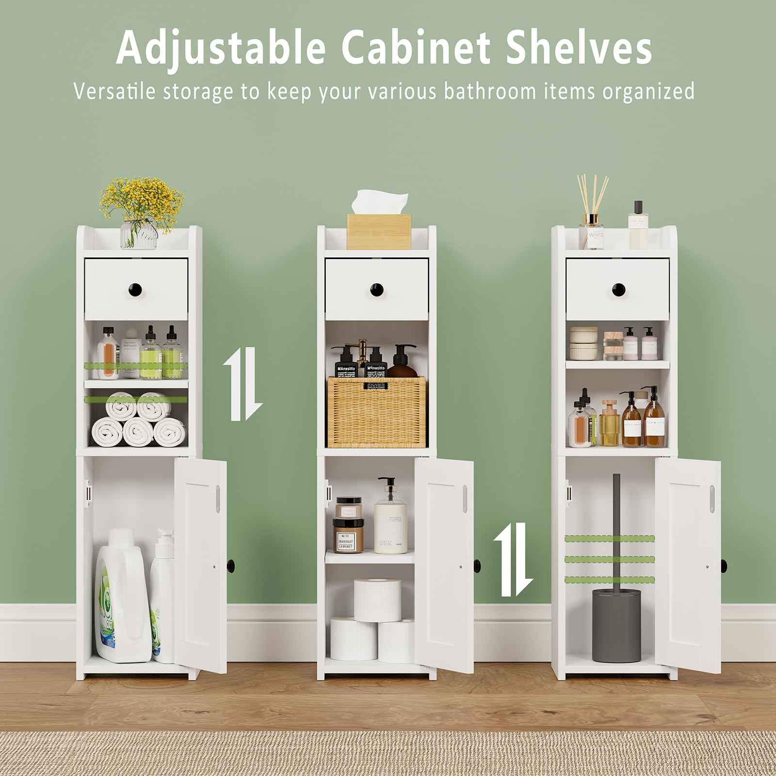 Lomojo Small Bathroom Storage Cabinet,Narrow Toilet Paper Holder,Corner Floor Cabinet with Doors and Drawer for Small Space,Adjustable Shelf Organizer,7.75L*7.75D*29.6H,White
