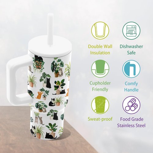 Plant Gifts for Women Girls, Gardener Plants Tumbler with Handle 24 oz, Insulated Stainless Steel Crazy Black Cats Coffee Mug Cup, Gardening Gifts for Plant Lovers Women
