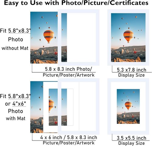 JCJMY A5 Picture Frame - White Photo Display with 4x6 Mat for Wall or Tabletop | Shatter-Resistant Plexiglass