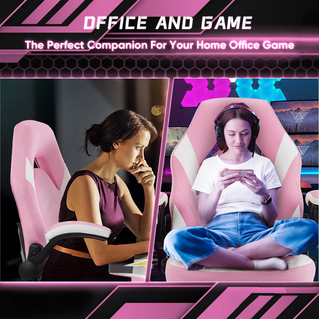 DUMOS Gaming Ergonomic Office Chair for Adults, Height Adjustable Computer Desk Chair with Flip-up Armrests, PU Leather Swivel Video Game Chair with 360° Rolling Wheels, Grey