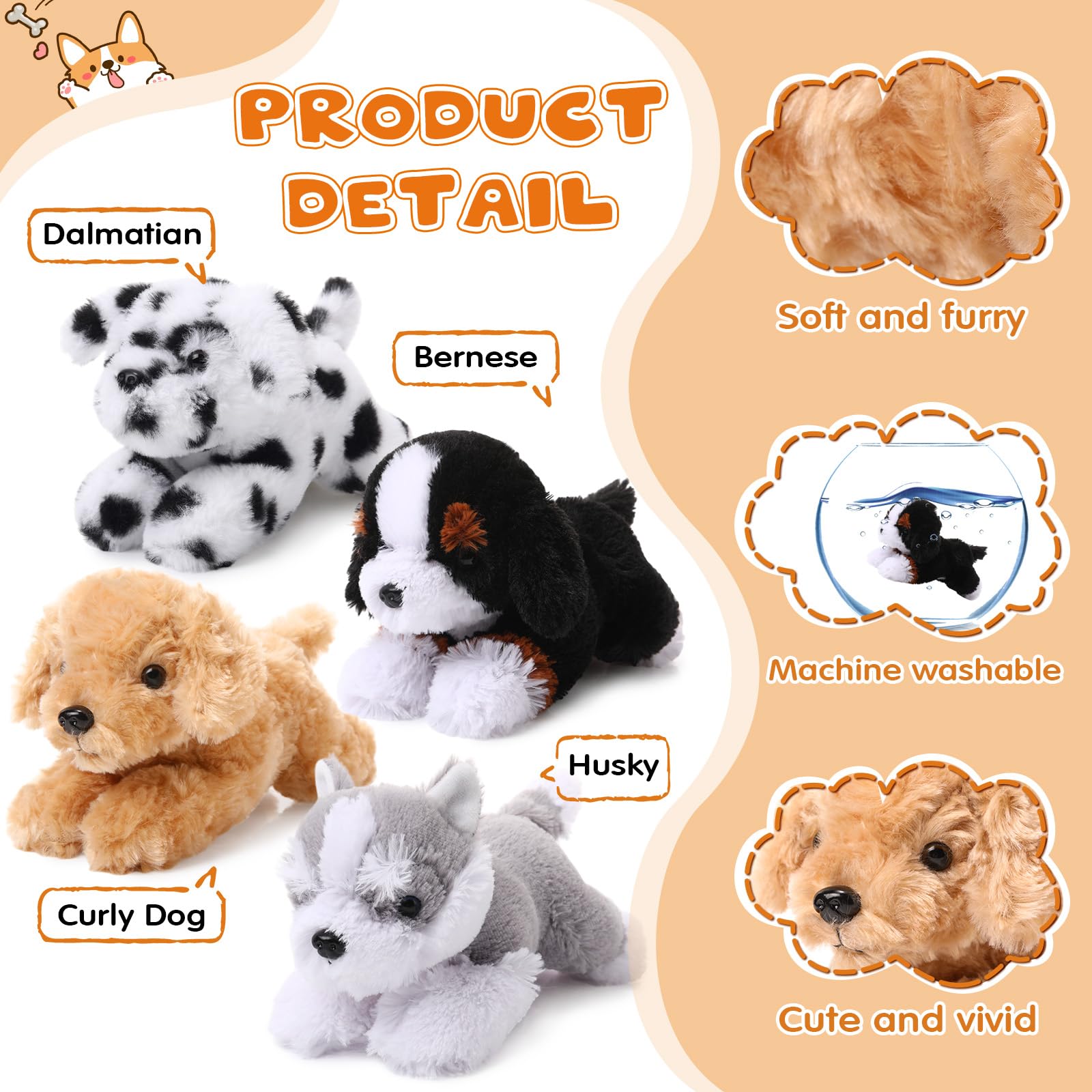 Suilung 4-Pack 8 Inch Dog Plush Animal Plush Dog Soft Plush Dog Pillow Toy Fluffy Puppy Set Dog Theme Party Gift Birthday Room Home Decor (Stylish Style)