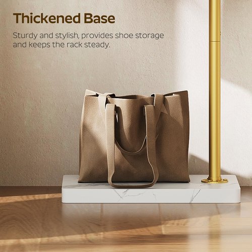 YATINEY L Shaped Glod Coat Rack, Metal Coat Tree, Modern Clothes Rack with 3 Hooks and Thickened Base, Floor Standing Coat Hanger Stand, for Entryway, Living Room, Cloakroom, Gold and White YM01DWY1