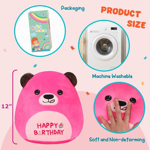 Mushymallow 12” Birthday Bear Plush Pillow Hot Pink Happy Birthday Pillow Soft Cute Bear Plush Toy Stuffed Animal Gifts for Kids