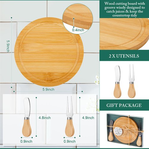 Maxcheck 12 Sets Baby Shower Bridal Game Prizes for Winners Round Cheese Board Set Wood Mini Charcuterie Board with Knives and Forks Thank You Card with Gift Box for Guests Wedding (Bamboo)
