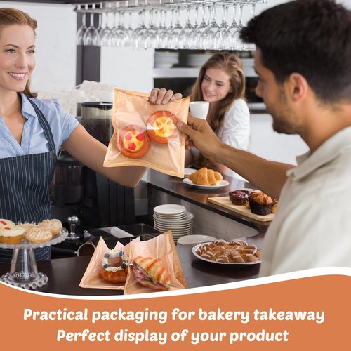 Yeaqee 1000 Pcs Bakery Bags 7.1 x 7.5 Inches Heat Sealable Donut Bag with Window Paper Sandwich Bag Grease Resistant Cookie Packaging Kraft Sleeves for Pastries Snacks Egg Biscuits Treat (Brown)