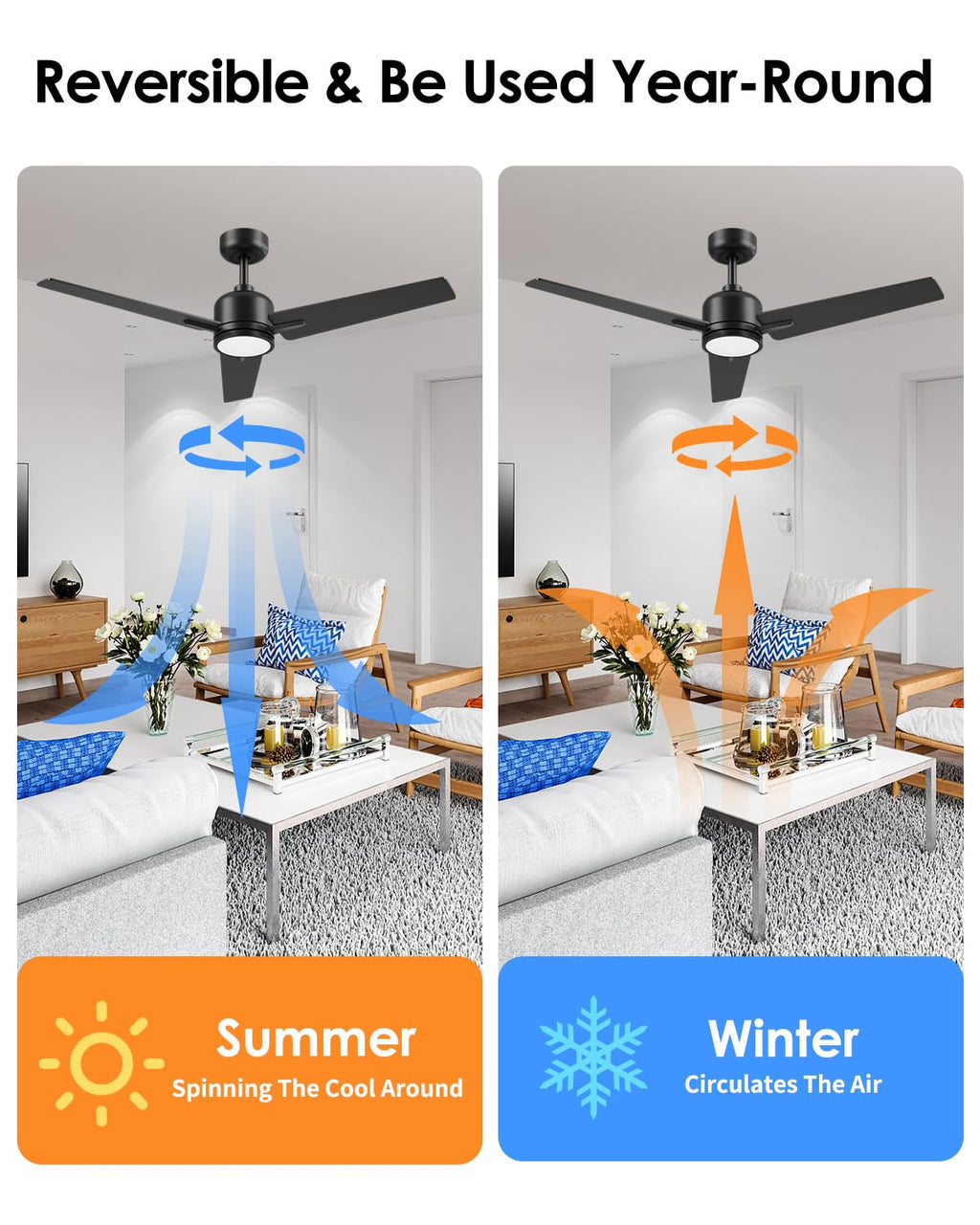 Newday 52 inch Ceiling Fans with Lights and Remote, Black 3 Blade Outdoor Fans for Patios -Dimmable Indoor DC Motor, 6 Speed, Quiet Noiseless, 3 CCT, Reversible, High CFM
