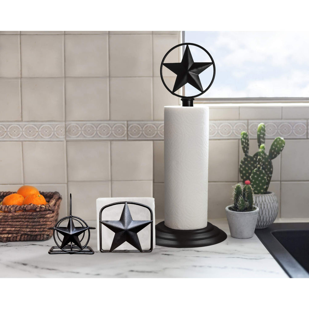 Black Rustic Texas Star Paper Towel Holder, Napkin Holder, Salt and Pepper Shakers Holder, Country Farmhouse Iron Kitchen Counter Accessory Set Holders (Paper Towel, Napkin, S&P Holder (3 Piece Set))