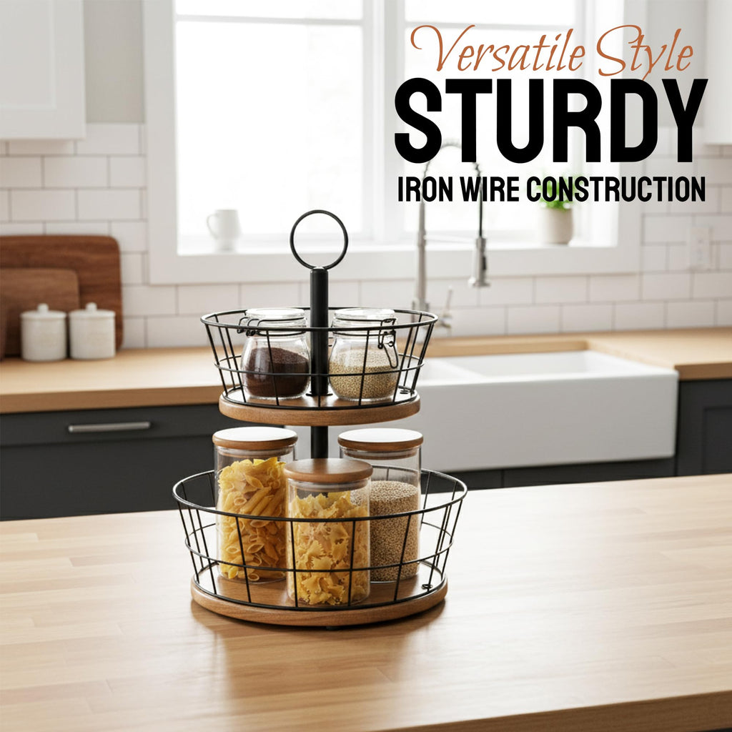 WILDMOS 2 Tier Fruit Bowl - Sturdy Iron Wire Fruit Basket with Real Wood Base, 12 Inch Large Fruit Basket for Kitchen Counter, Anti-Slip Silicone Pads, 2 Tier Fruit and Vegetable Storage Solution