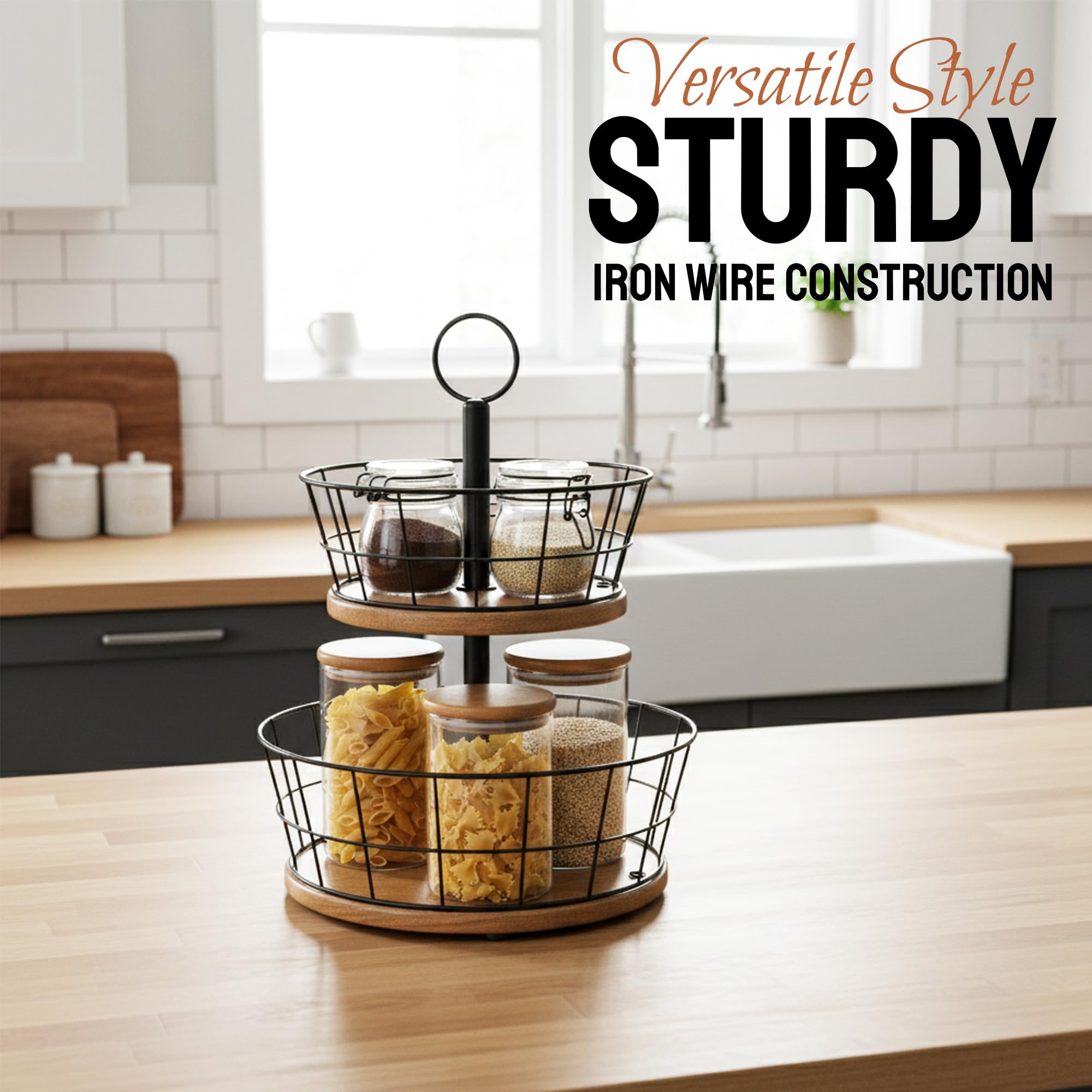 WILDMOS 2 Tier Fruit Bowl - Sturdy Iron Wire Fruit Basket with Real Wood Base, 12 Inch Large Fruit Basket for Kitchen Counter, Anti-Slip Silicone Pads, 2 Tier Fruit and Vegetable Storage Solution