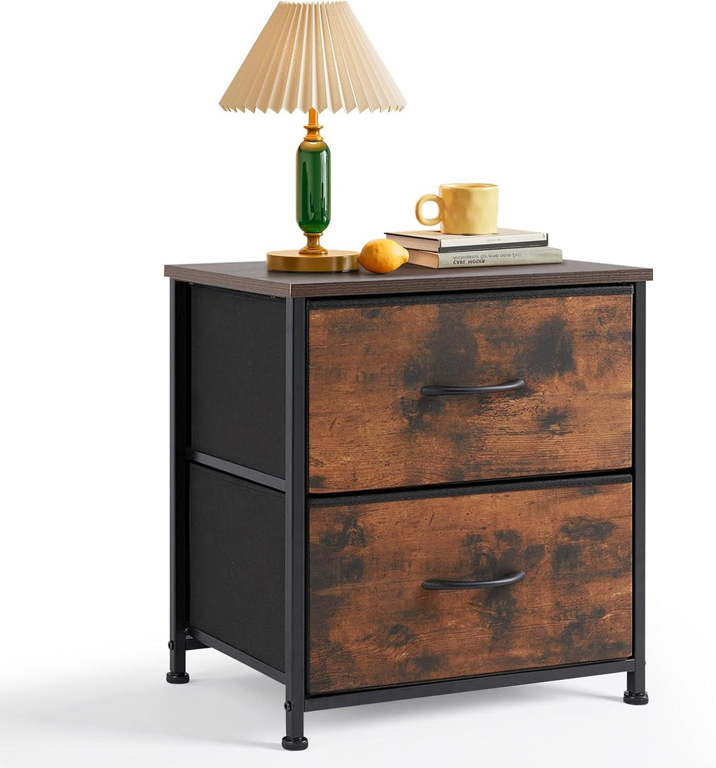 Regine Switzerland Nightstand - Small 2 Drawer Dresser with Wooden Top & Fabric Bins | Brown, 11.8" D x 18" W x 20" H