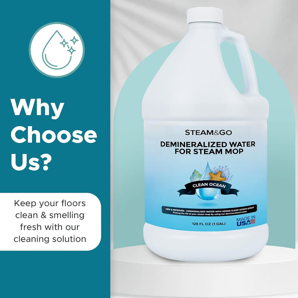 Steam & Go Demineralized Water - Multi-Surface Cleaner for Mops & Steamers - 128 fl oz (1 Gal) - Clean Ocean Scent