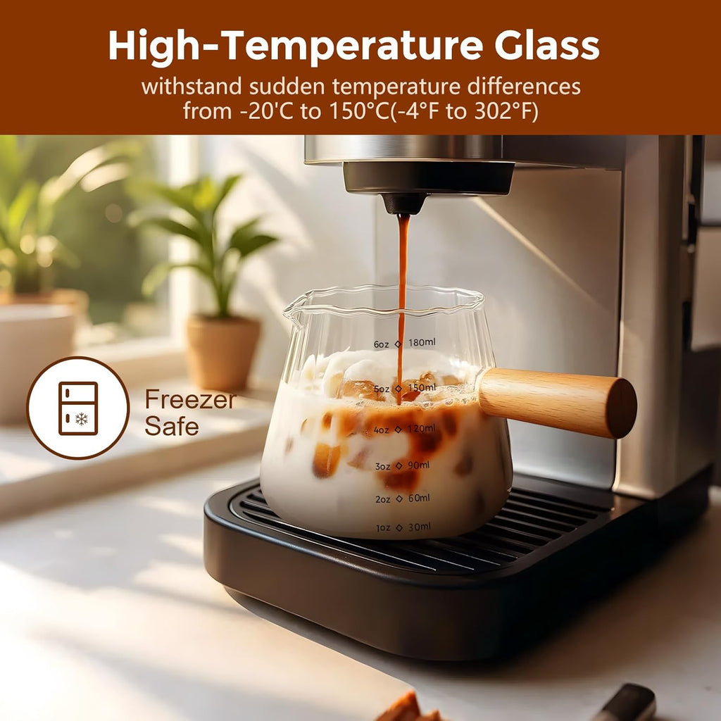 YARRAMATE Glass Measuring Cup - 6 oz/180ML with Wooden Handle | Ribbed Milk Frothing Pitcher