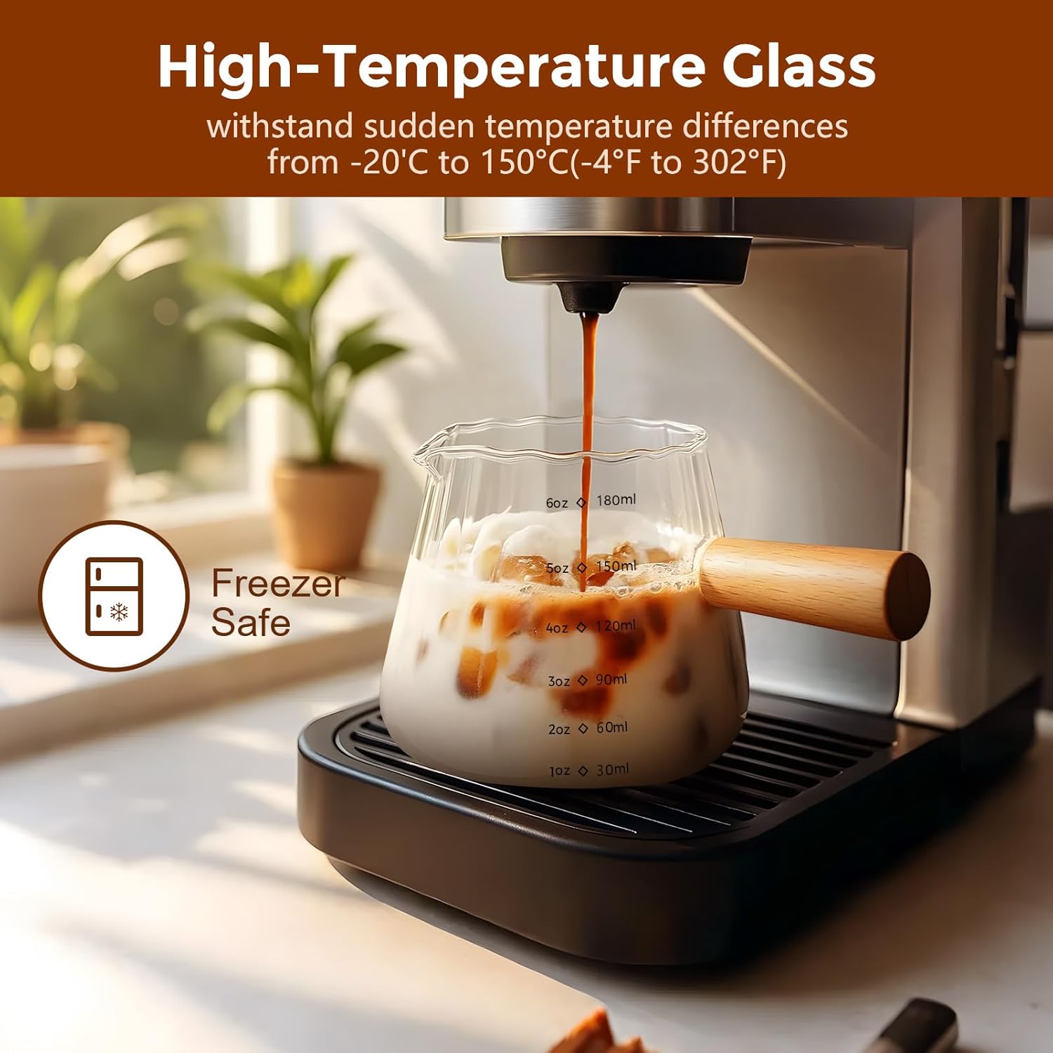 YARRAMATE Glass Measuring Cup - 6 oz/180ML with Wooden Handle | Ribbed Milk Frothing Pitcher