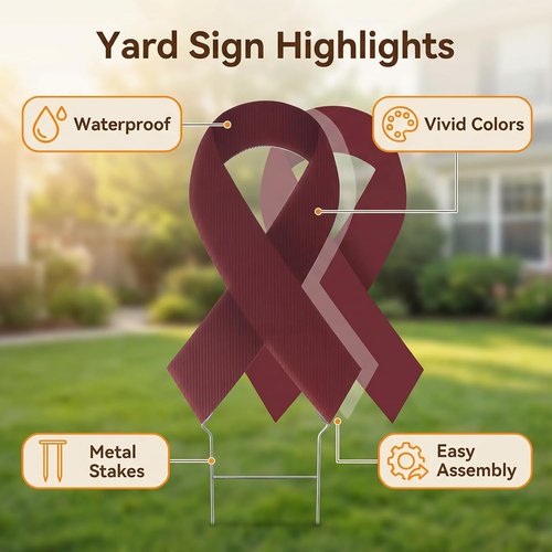 Large Ribbon Awareness Yard Sign - Waterproof Health Awareness Lawn Stake with Metal Stakes | Burgundy