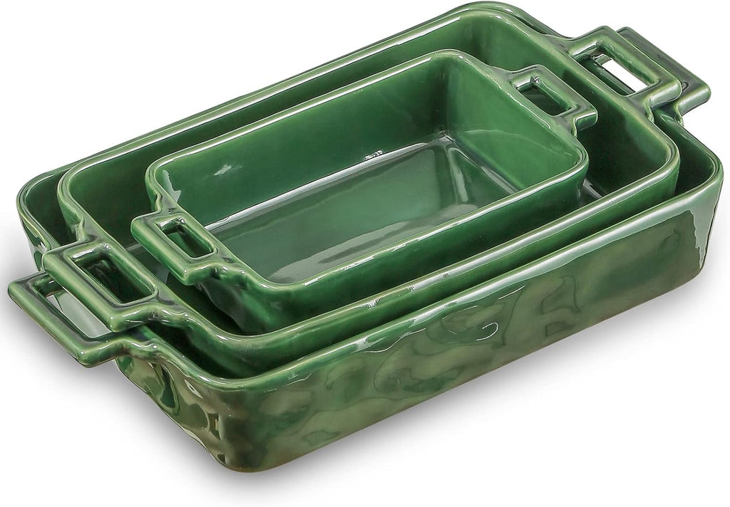 VICRAYS Ceramic Bakeware Set - Porcelain Rectangular Baking Dish for Lasagna & Casseroles | 3-Piece, 15 x 8.5 Inches (Green)